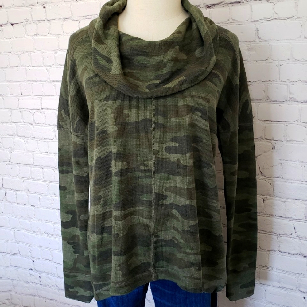 Lucky Brand Olive Camo Cowl Neck Sweatshirt